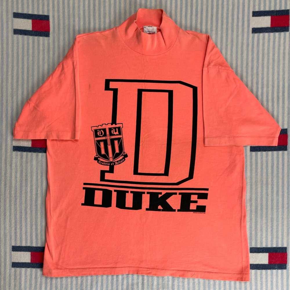 Vintage Duke University Blue Devils neon pink mock neck short sleeve tee shirt